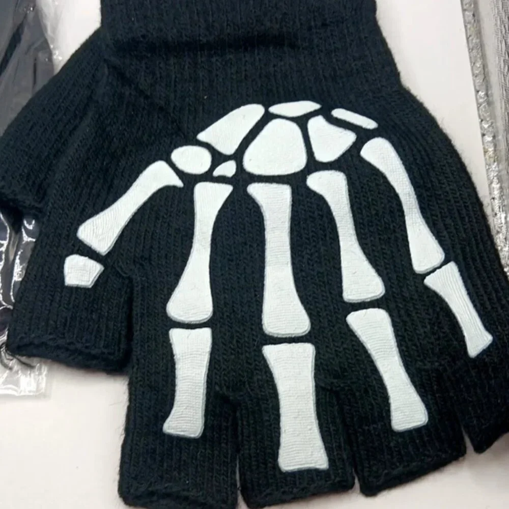 Skeleton Print Fingerless Goth Gloves-Black TWO Pair Unisex New